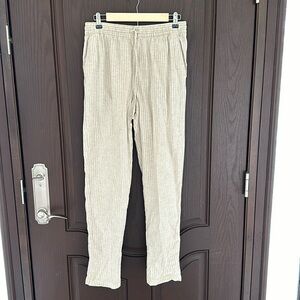 H&M Women’s Cream Striped Linen Straight-Leg Pants Lightweight Casual Trouser